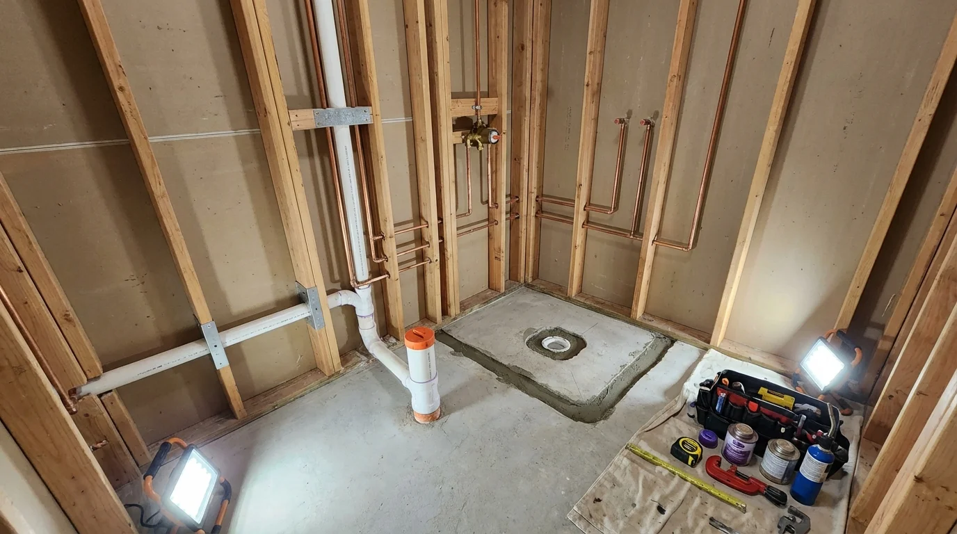 Bathroom rough-in plumbing during remodel by Johns Plumbing LLC in Shreve