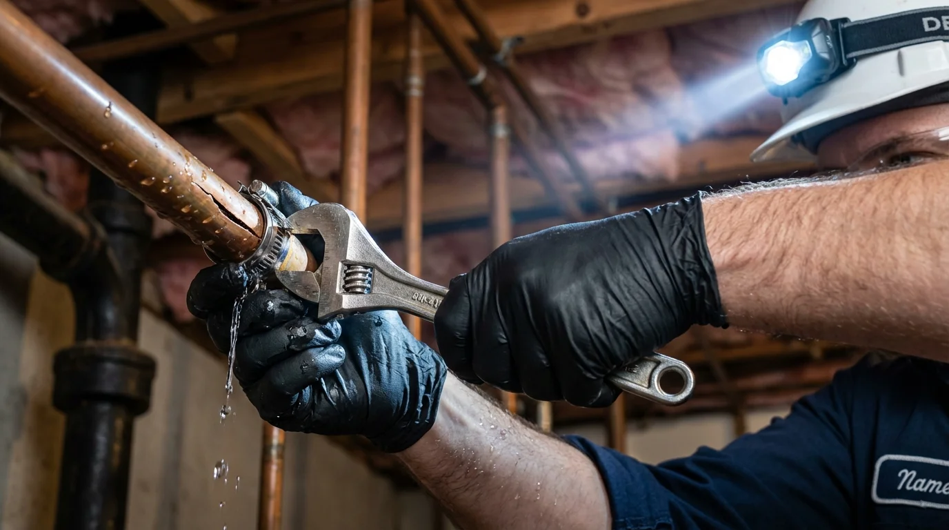 Emergency pipe clamp repair being performed by a Johns Plumbing LLC plumber in Shreve