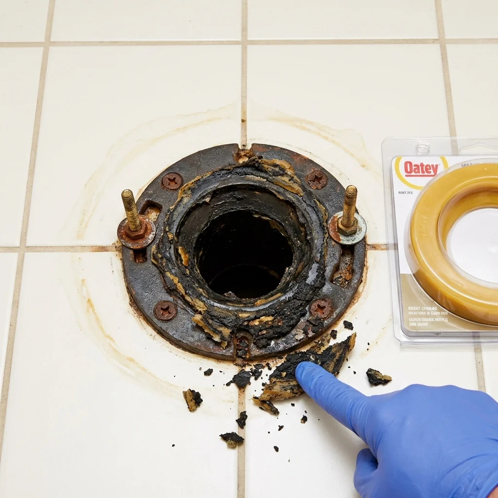 Failed wax ring showing water seepage at the base of a toilet in a Shreve, OH home