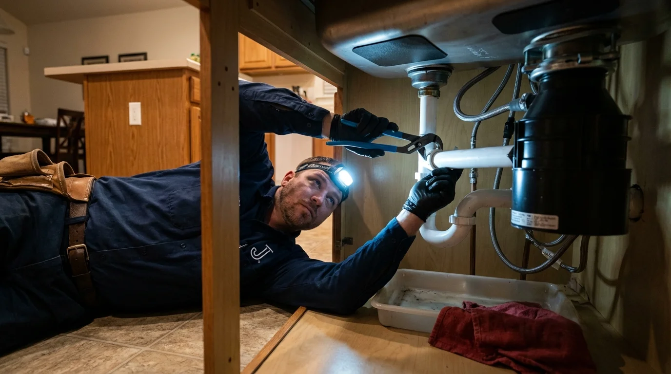 P-trap and supply line connections under a kitchen sink showing a common leak point in Shreve, OH